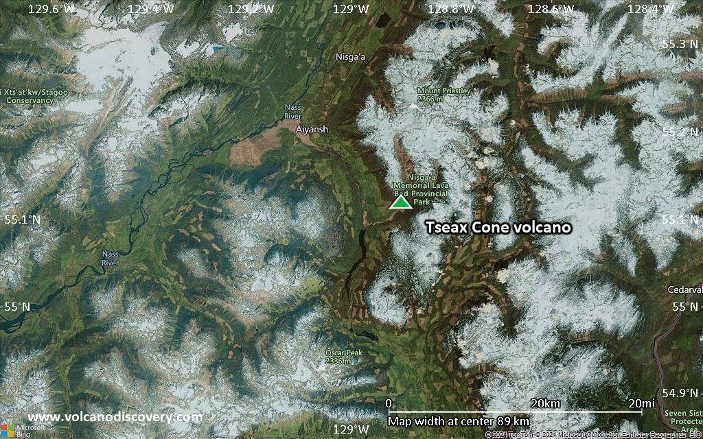 Satellite/aerial-type map of Tseax Cone volcano (local scale small)