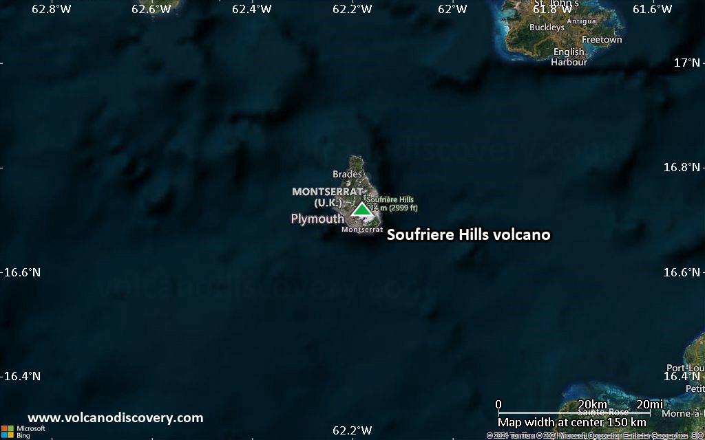 Satellite/aerial-type map of Soufriere Hills volcano (local scale small)