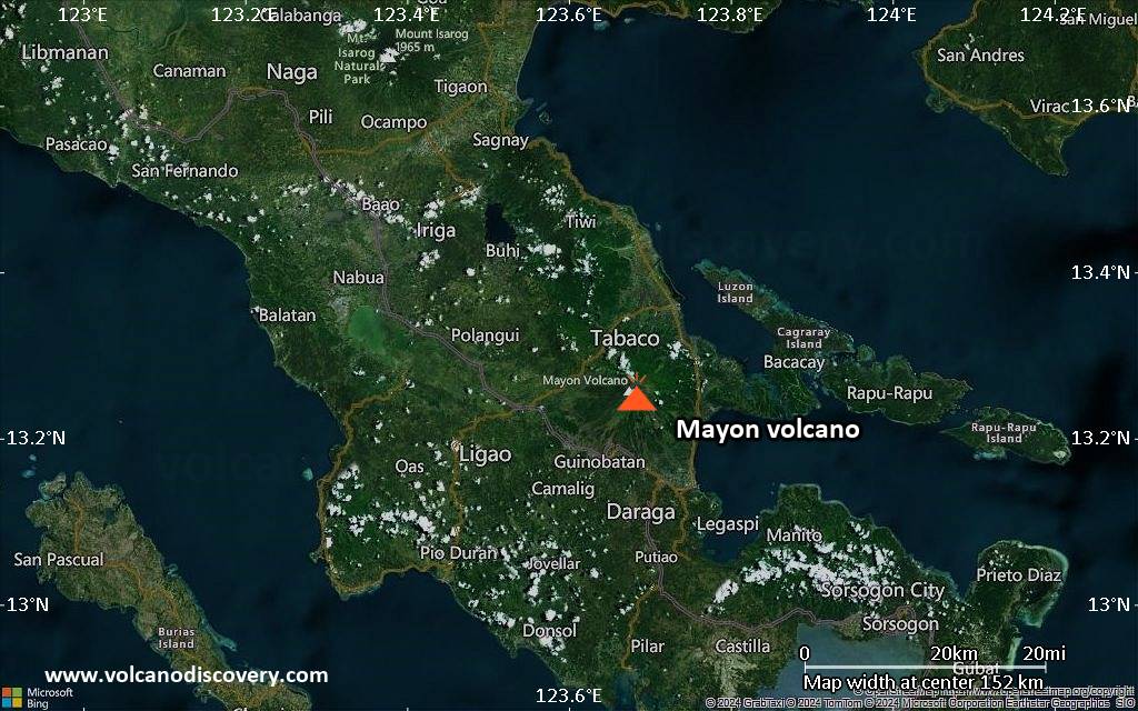 Satellite/aerial-type map of Mayon volcano (local scale small)