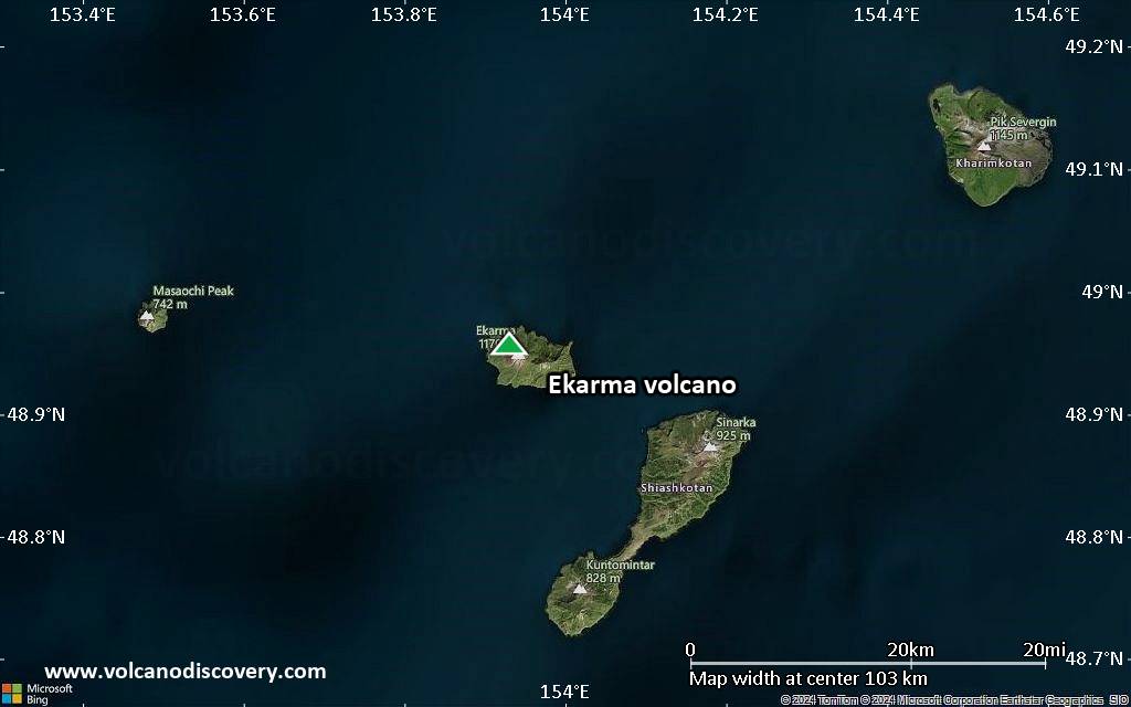 Satellite/aerial-type map of Ekarma volcano (local scale small)