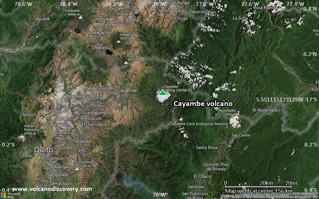 Satellite/aerial-type map of Cayambe volcano (local scale small)