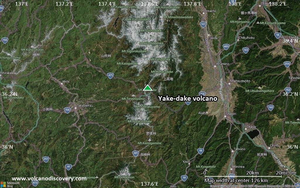 Satellite/aerial-type map of Yake-dake volcano (local scale small)