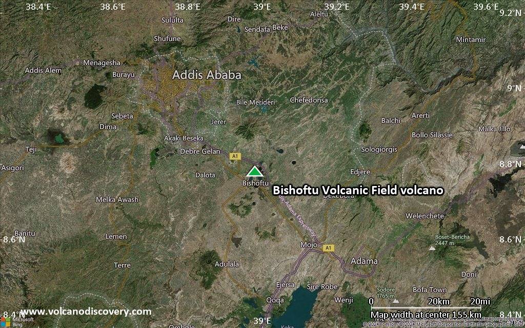 Satellite/aerial-type map of Bishoftu Volcanic Field volcano (local scale small)