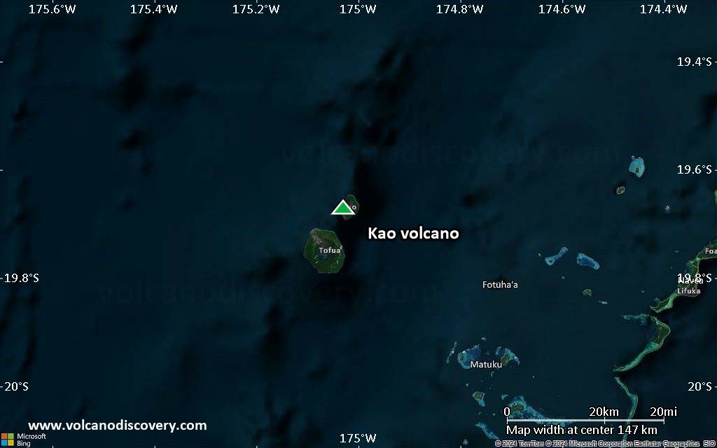 Satellite/aerial-type map of Kao volcano (local scale small)