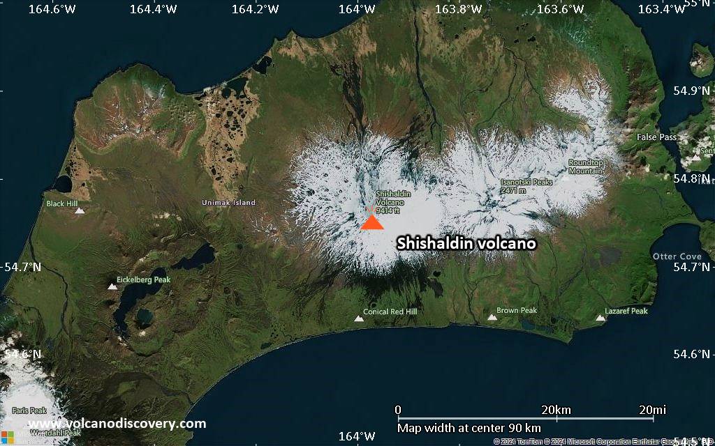 Satellite/aerial-type map of Shishaldin volcano (local scale small)