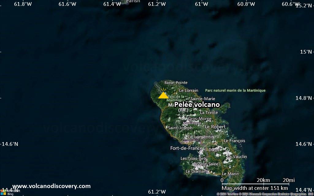 Satellite/aerial-type map of Pelée volcano (local scale small)