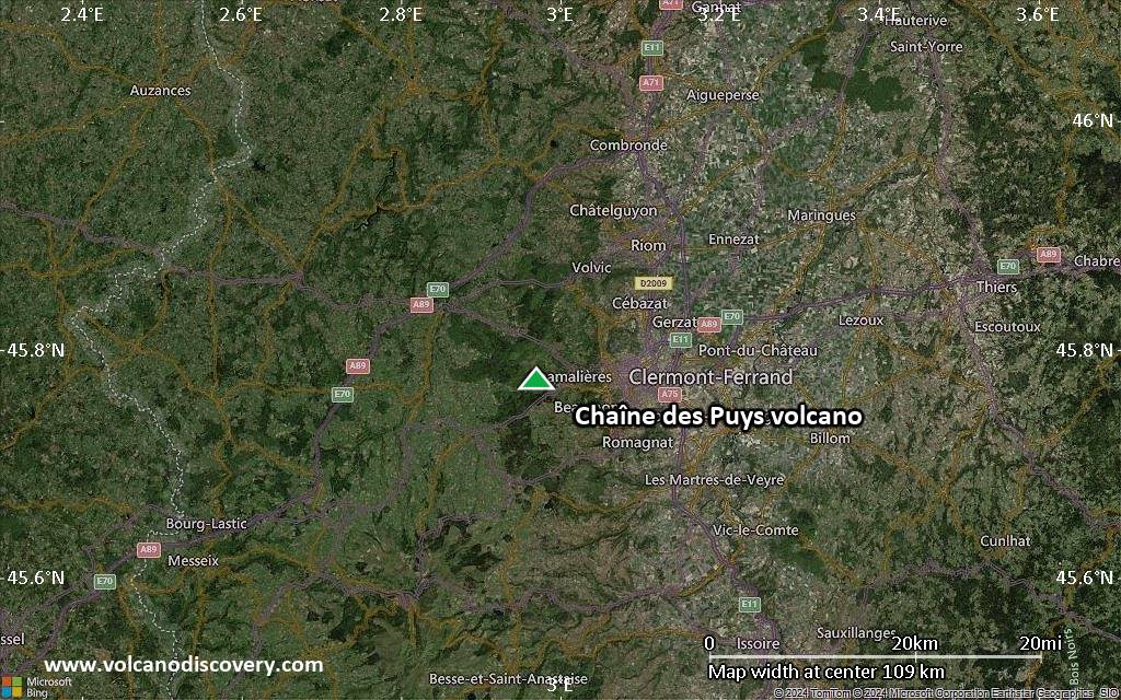Satellite/aerial-type map of Chaîne des Puys volcano (local scale small)