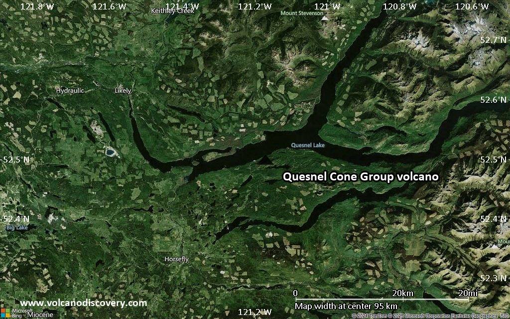 Satellite/aerial-type map of Quesnel Cone Group volcano (local scale small)