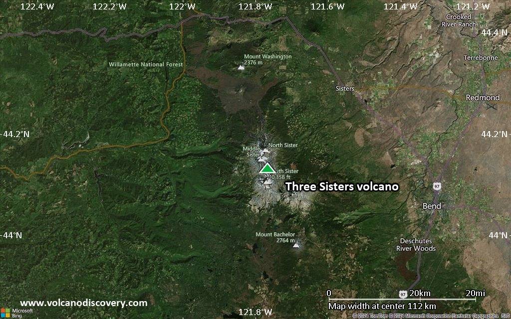 Satellite/aerial-type map of Three Sisters volcano (local scale small)