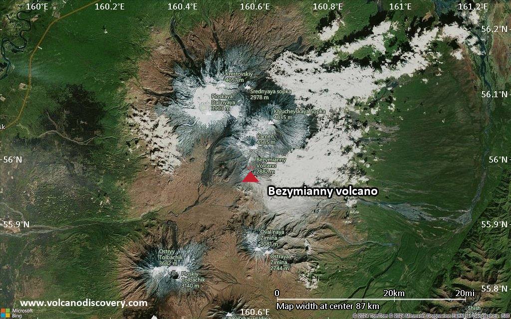 Satellite/aerial-type map of Bezymianny volcano (local scale small)