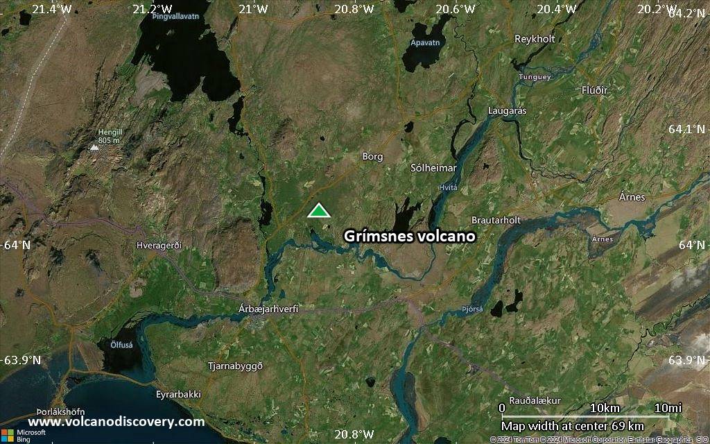 Satellite/aerial-type map of Grímsnes volcano (local scale small)