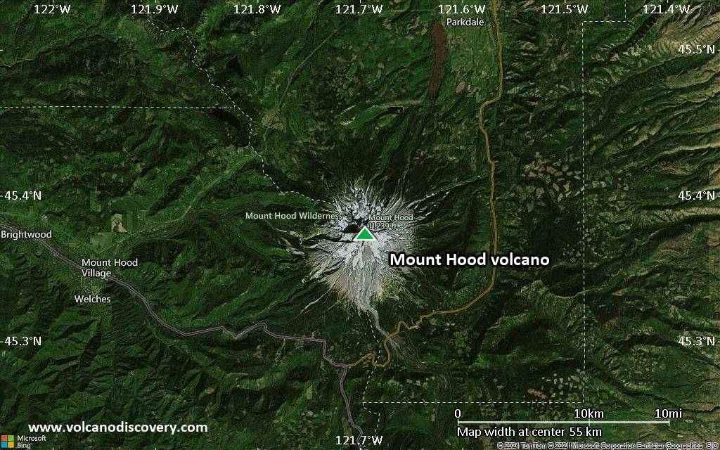 Satellite/aerial-type map of Mount Hood volcano (scale of 10s of km)