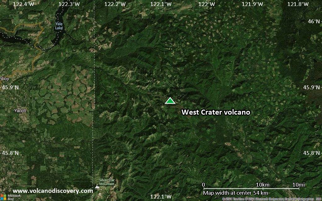 Satellite/aerial-type map of West Crater volcano (scale of 10s of km)