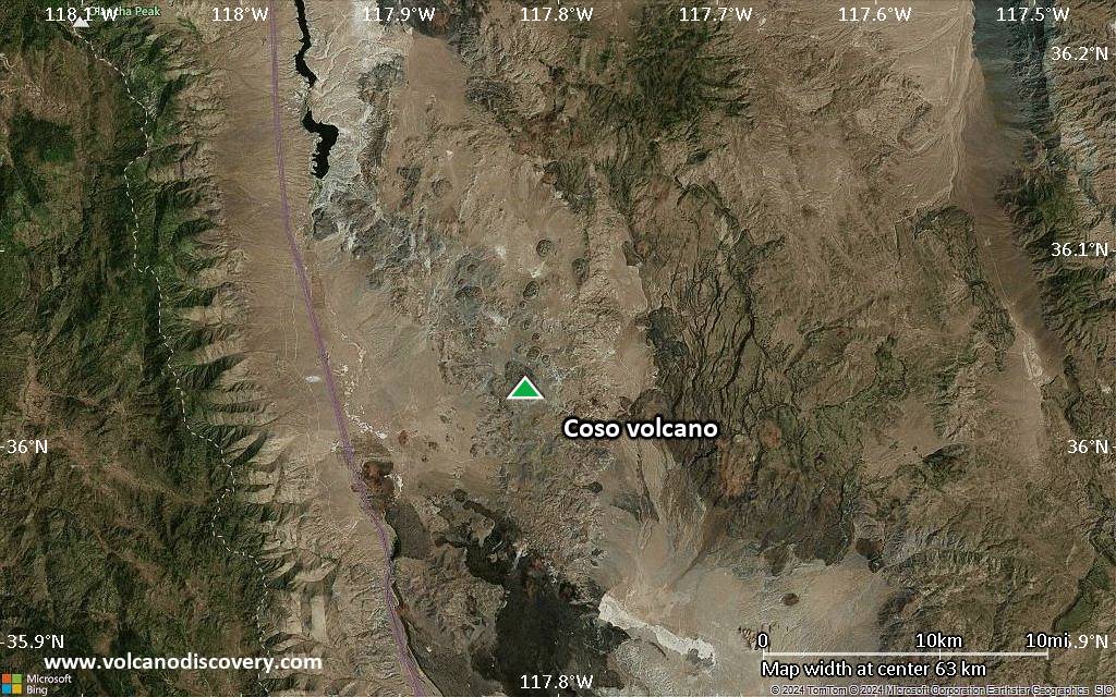 Satellite/aerial-type map of Coso volcano (scale of 10s of km)