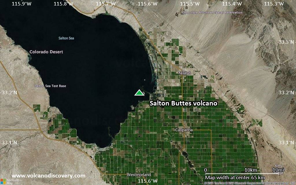 Satellite/aerial-type map of Salton Buttes volcano (scale of 10s of km)