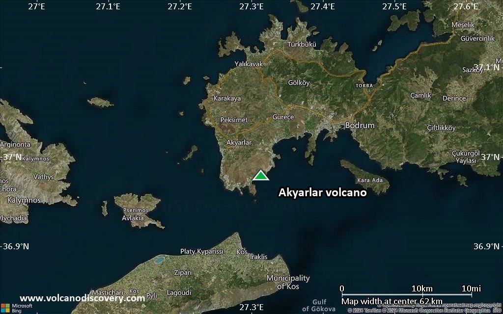 Satellite/aerial-type map of Akyarlar volcano (scale of 10s of km)