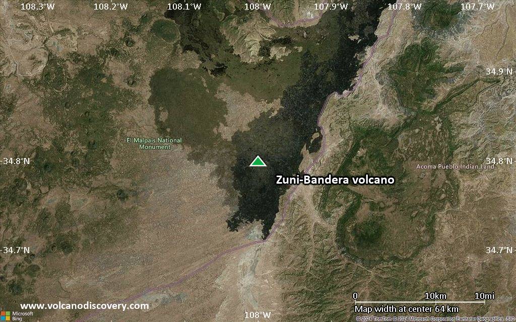 Satellite/aerial-type map of Zuni-Bandera volcano (scale of 10s of km)