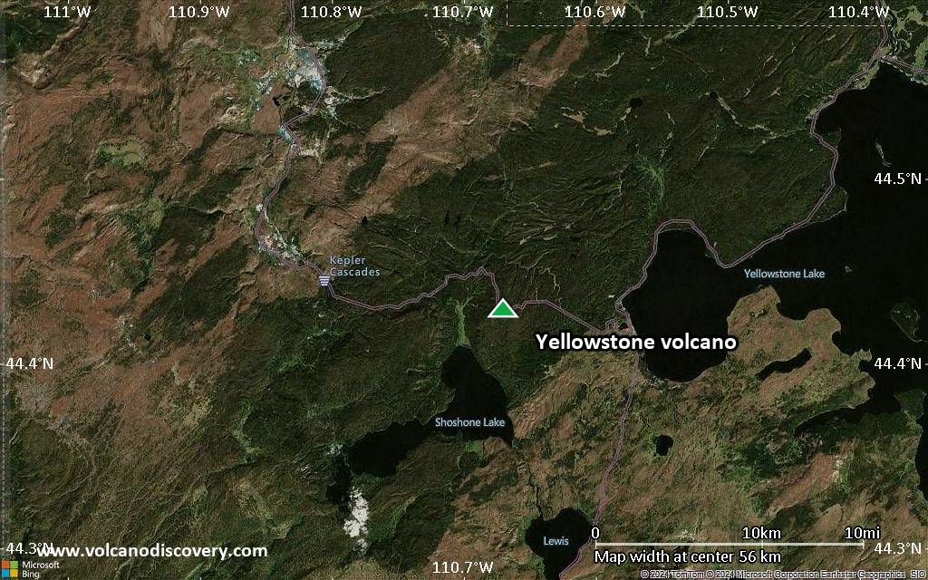 Satellite/aerial-type map of Yellowstone volcano (scale of 10s of km)