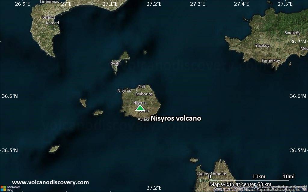 Satellite/aerial-type map of Nisyros volcano (scale of 10s of km)