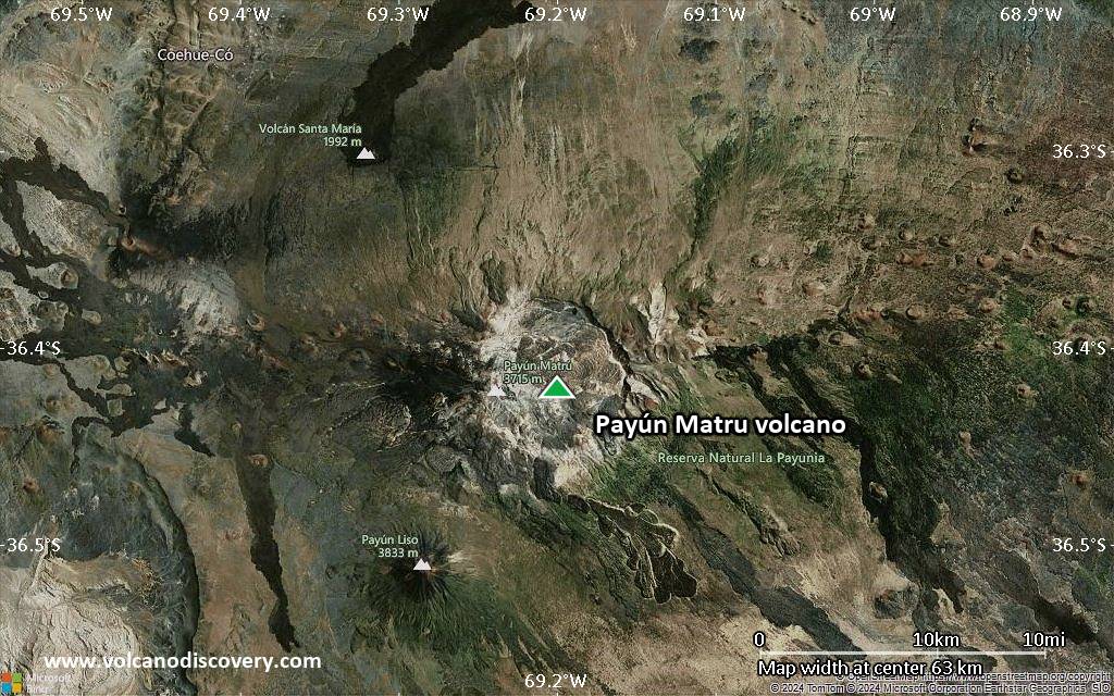Satellite/aerial-type map of Payún Matru volcano (scale of 10s of km)