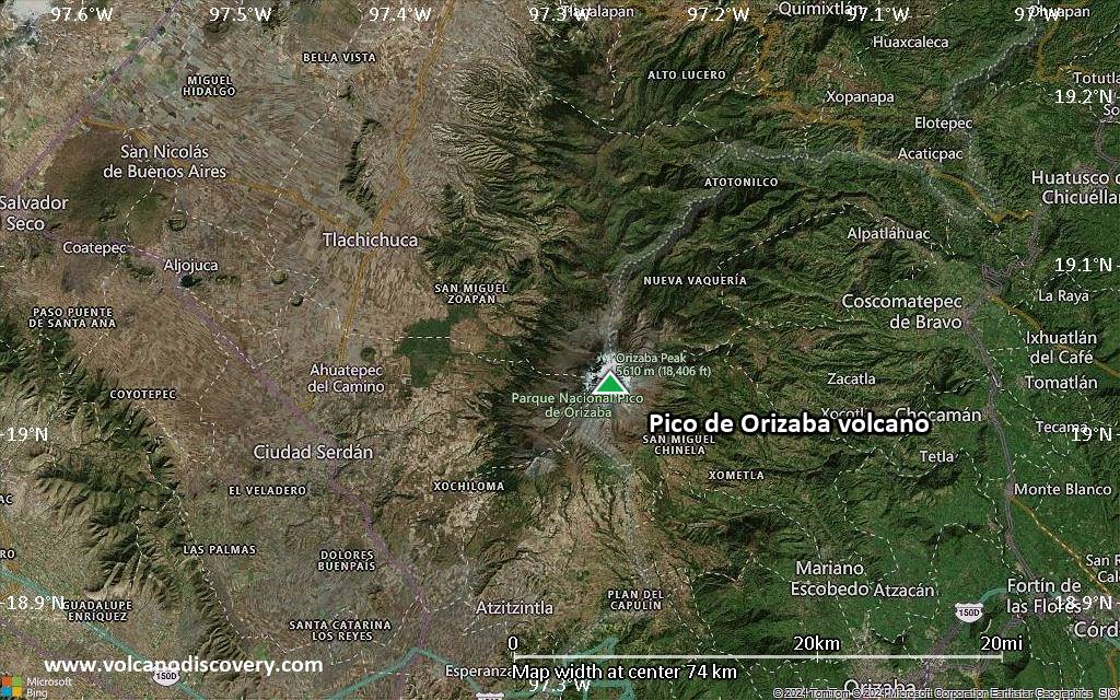 Satellite/aerial-type map of Pico de Orizaba volcano (scale of 10s of km)