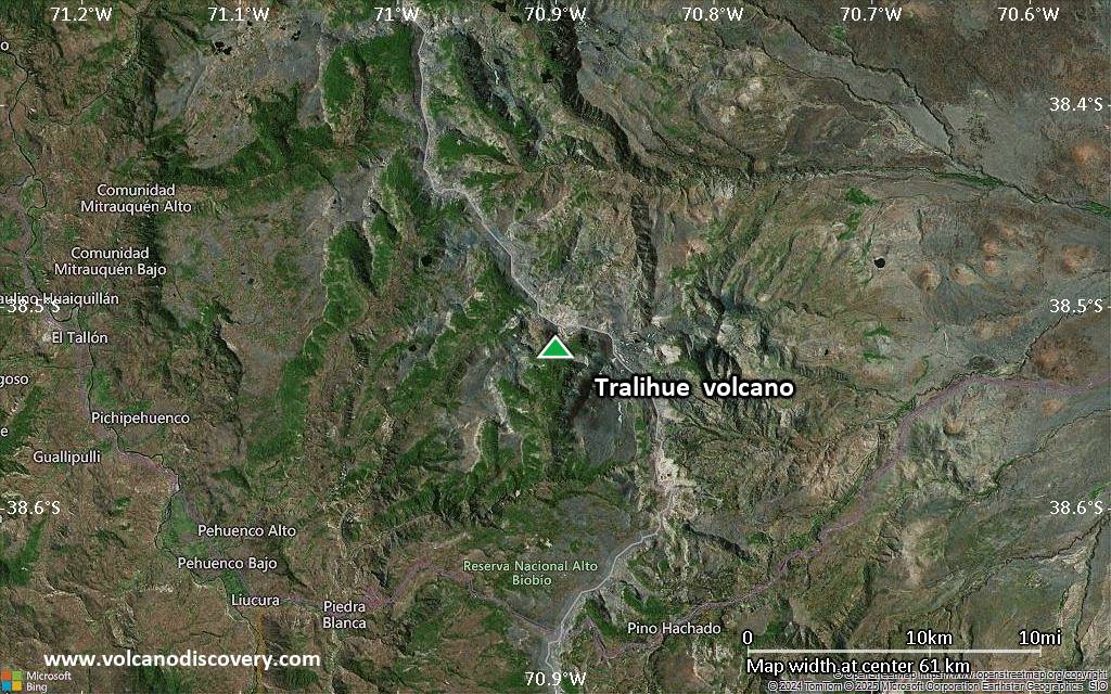 Satellite/aerial-type map of Tralihue volcano (scale of 10s of km)