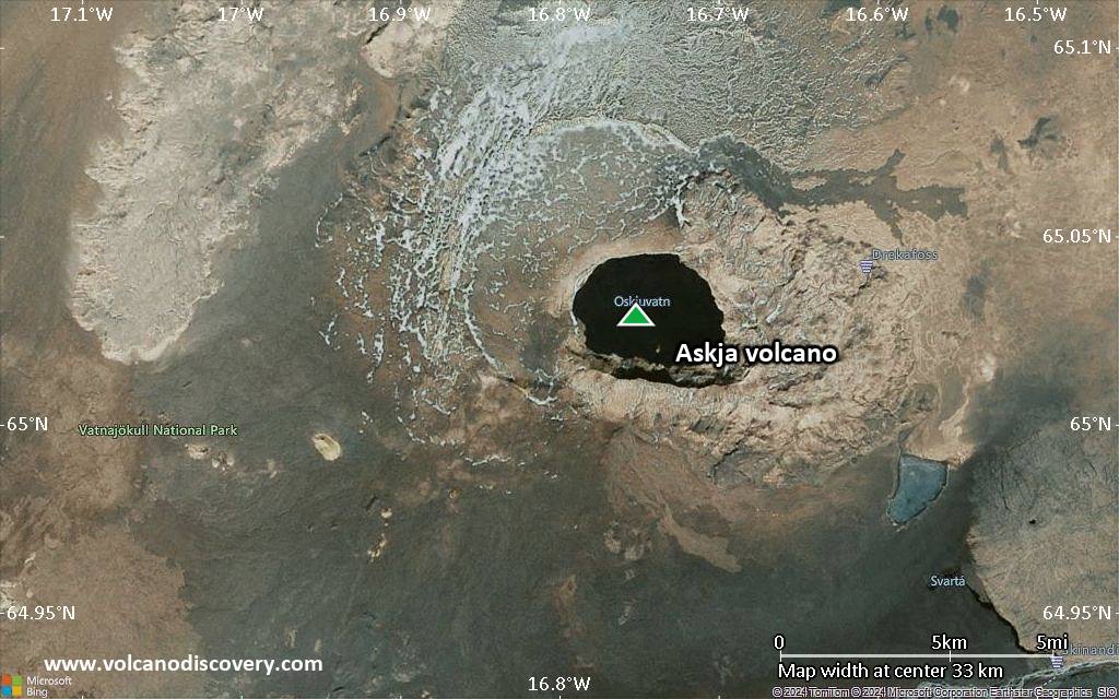 Satellite/aerial-type map of Askja volcano (scale of 10s of km)