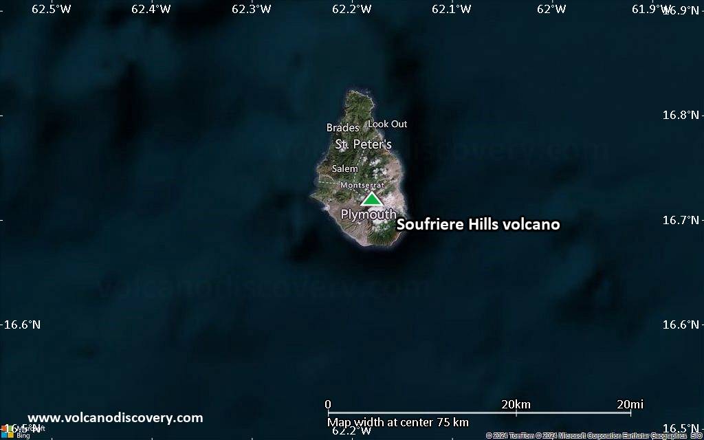 Satellite/aerial-type map of Soufriere Hills volcano (scale of 10s of km)