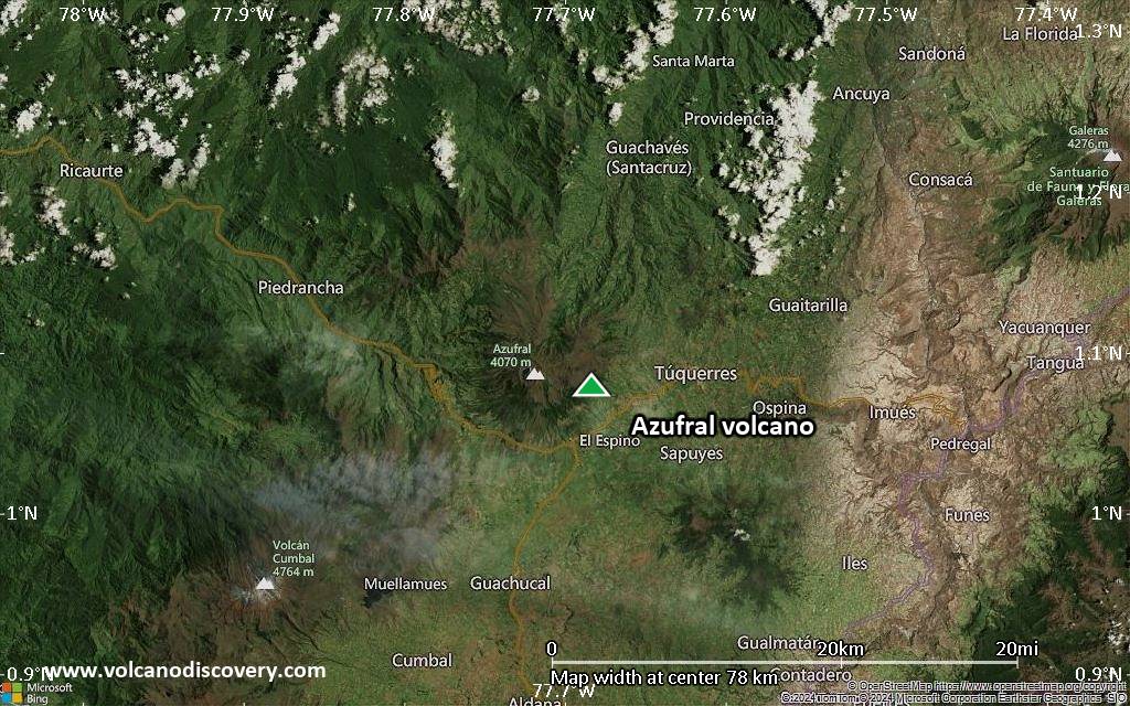 Satellite/aerial-type map of Azufral volcano (scale of 10s of km)