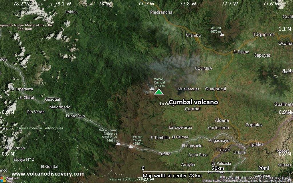 Satellite/aerial-type map of Cumbal volcano (scale of 10s of km)
