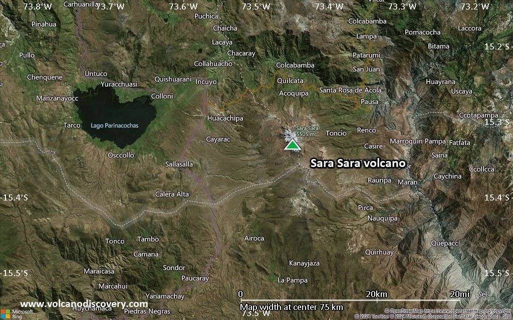 Satellite/aerial-type map of Sara Sara volcano (scale of 10s of km)