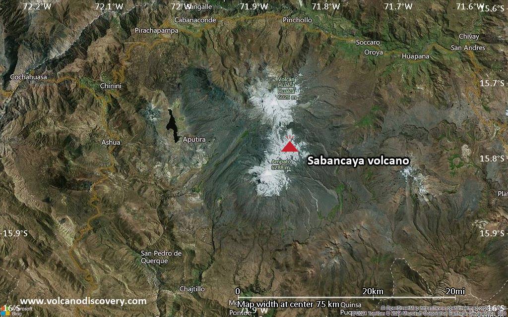 Satellite/aerial-type map of Sabancaya volcano (scale of 10s of km)
