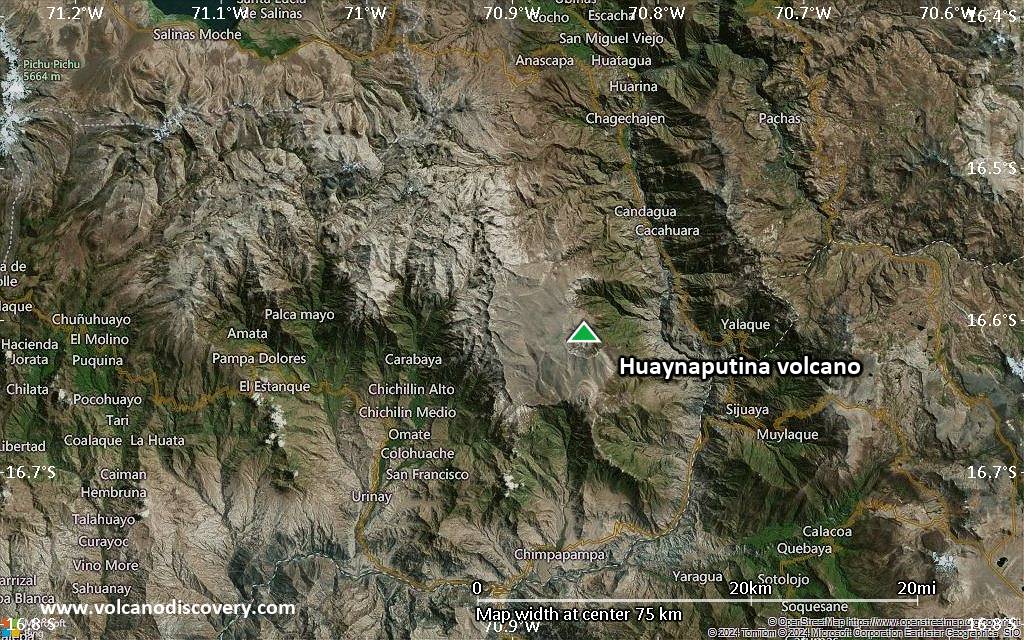 Satellite/aerial-type map of Huaynaputina volcano (scale of 10s of km)