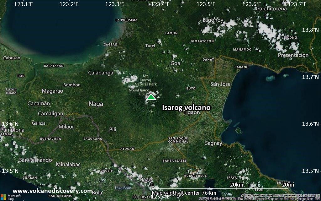 Satellite/aerial-type map of Isarog volcano (scale of 10s of km)
