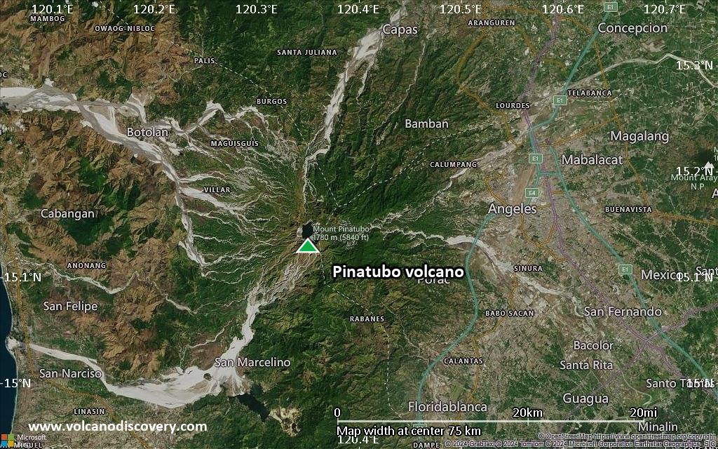 Satellite/aerial-type map of Pinatubo volcano (scale of 10s of km)