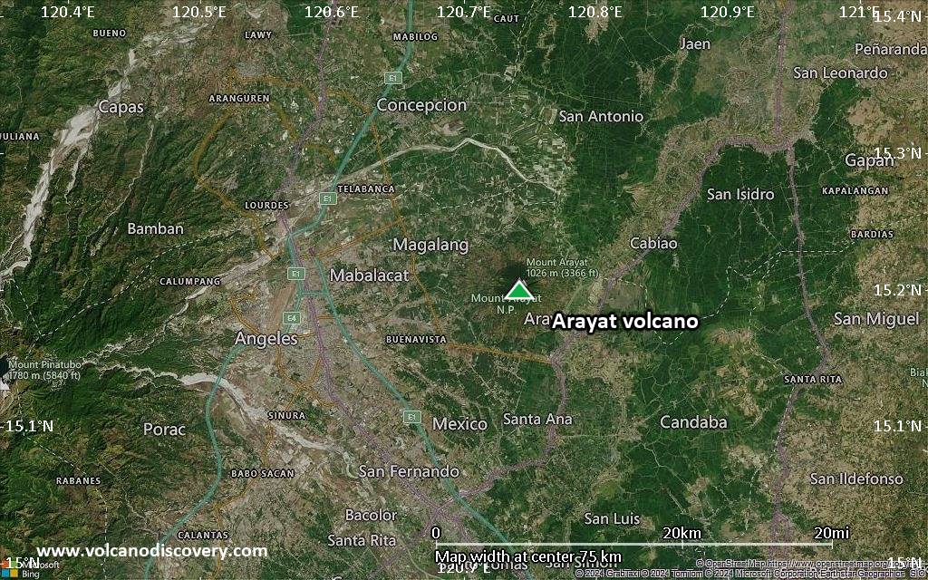 Satellite/aerial-type map of Arayat volcano (scale of 10s of km)