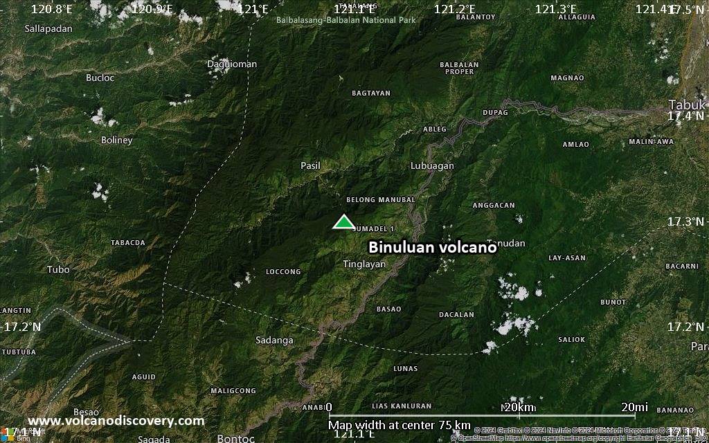 Satellite/aerial-type map of Binuluan volcano (scale of 10s of km)