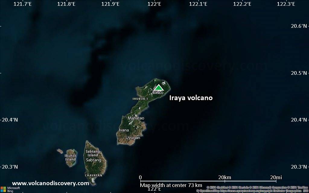 Satellite/aerial-type map of Iraya volcano (scale of 10s of km)