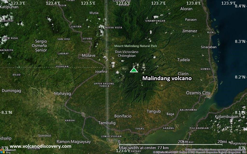 Satellite/aerial-type map of Malindang volcano (scale of 10s of km)