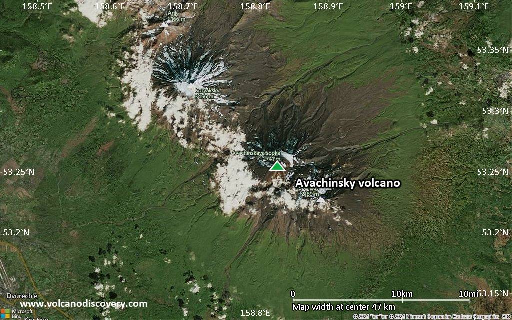 Satellite/aerial-type map of Avachinsky volcano (scale of 10s of km)