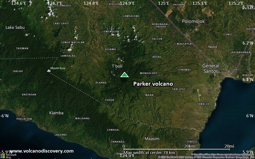 Satellite/aerial-type map of Parker volcano (scale of 10s of km)