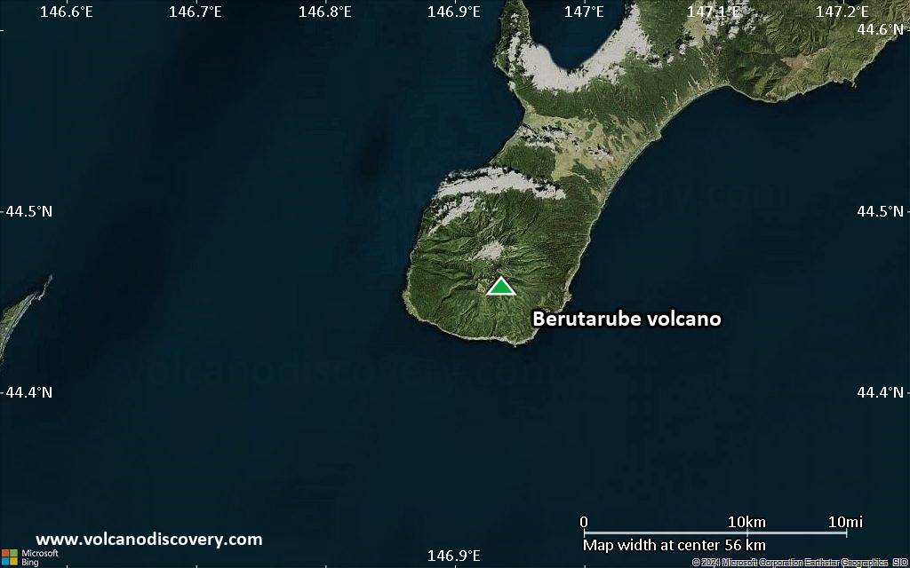 Satellite/aerial-type map of Berutarube volcano (scale of 10s of km)