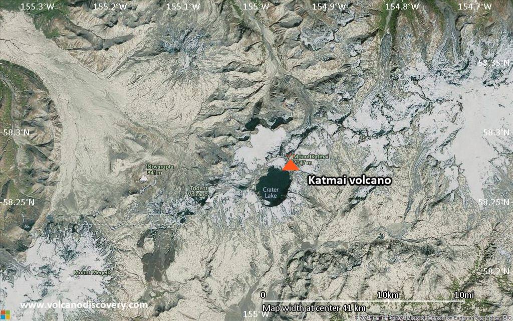 Satellite/aerial-type map of Katmai volcano (scale of 10s of km)