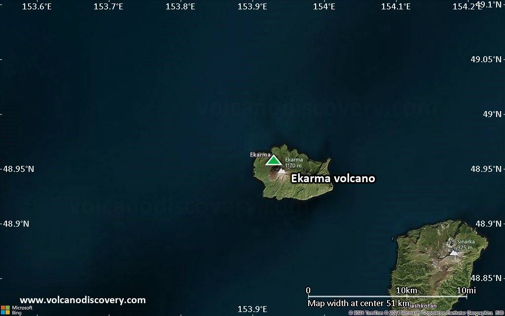 Satellite/aerial-type map of Ekarma volcano (scale of 10s of km)