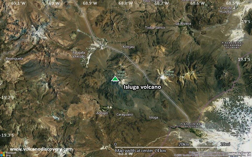 Satellite/aerial-type map of Isluga volcano (scale of 10s of km)