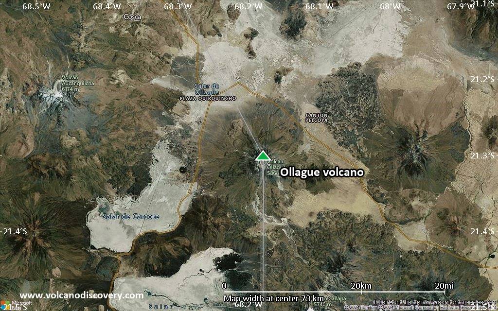 Satellite/aerial-type map of Ollague volcano (scale of 10s of km)