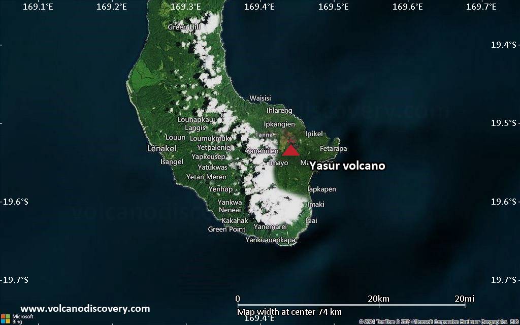 Satellite/aerial-type map of Yasur volcano (scale of 10s of km)