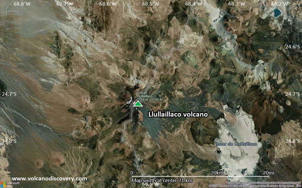 Satellite/aerial-type map of Llullaillaco volcano (scale of 10s of km)