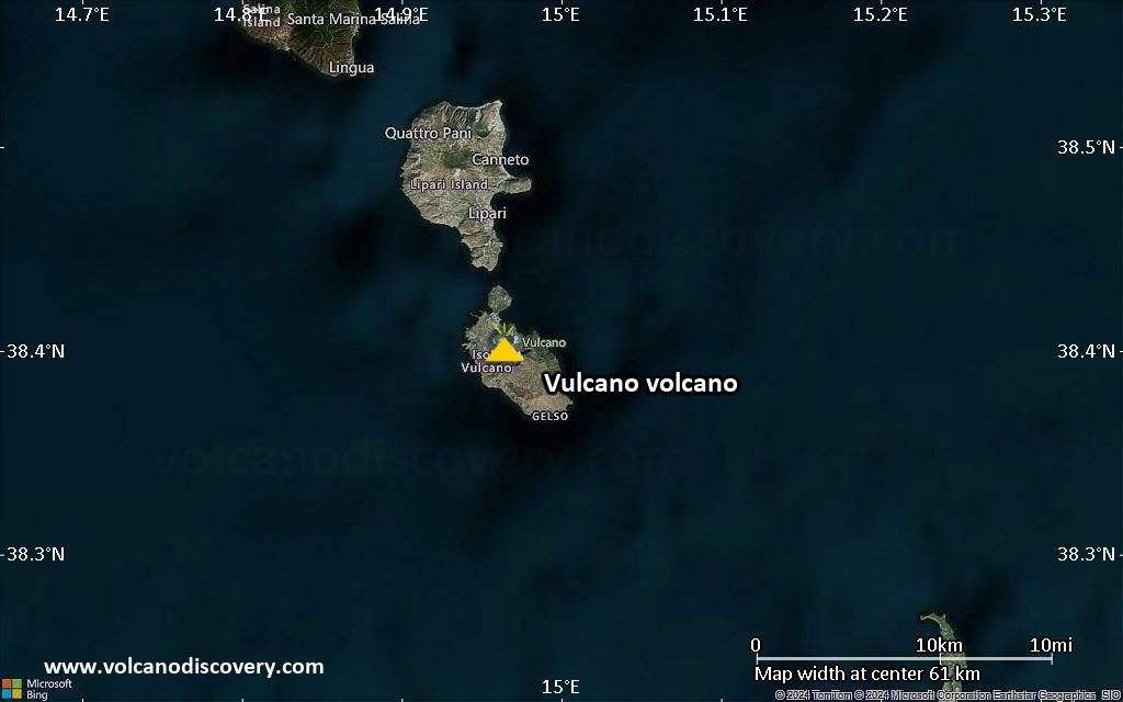 Satellite/aerial-type map of Vulcano volcano (scale of 10s of km)