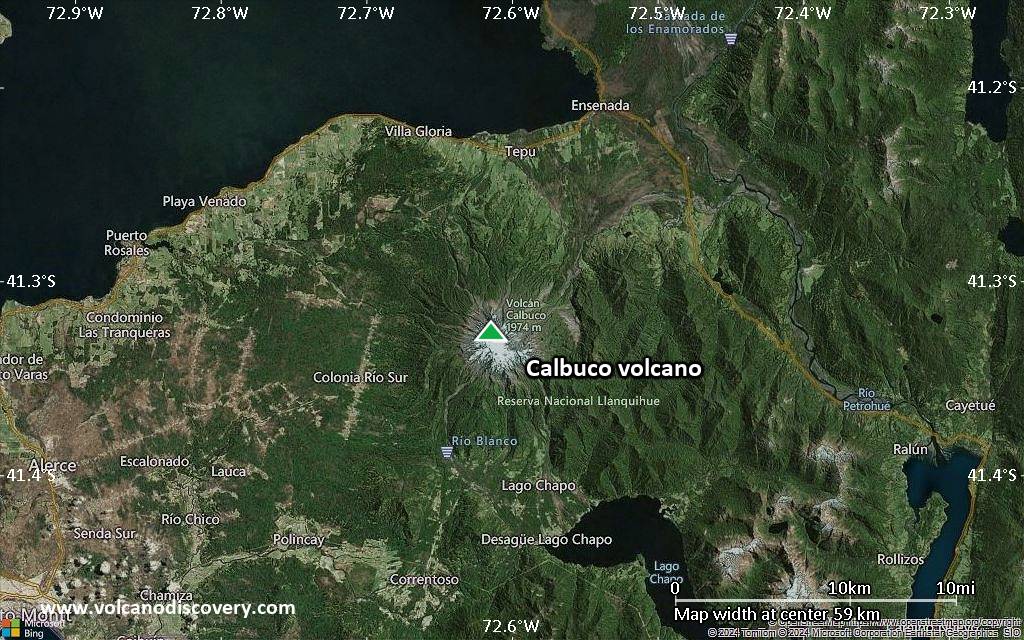 Satellite/aerial-type map of Calbuco volcano (scale of 10s of km)